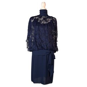Vintage Navy Lace Cocktail Dress Women’s 4 Blue Batwing Drop Waist Chic Elegant
